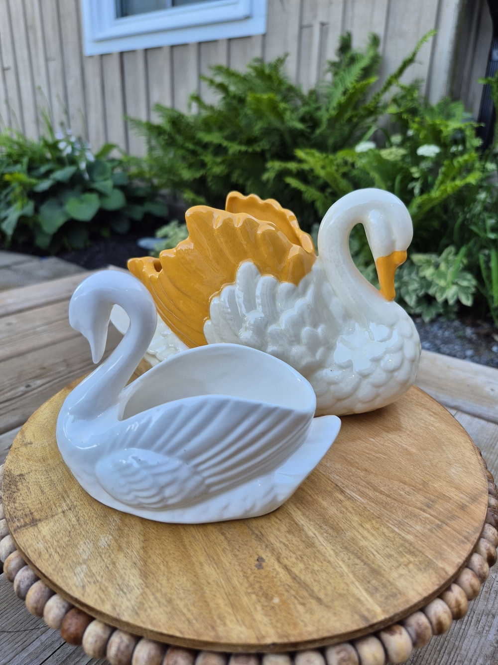 Vintage Mid-Century Ceramic Swan Planter Set - Retro Decor
